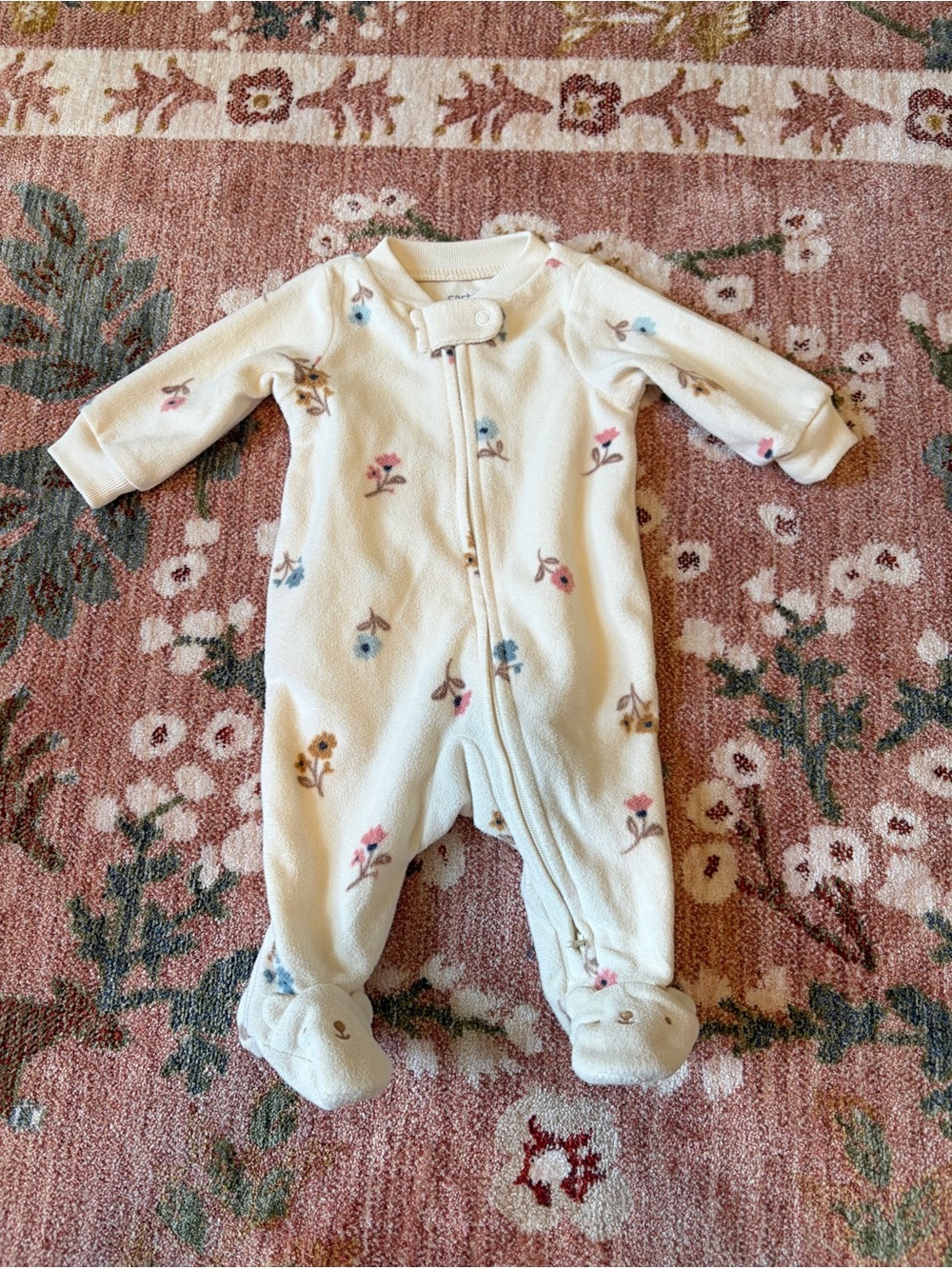 Carter's Cream Floral Fleece Footed One-Piece